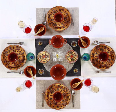 caffeine Pack of 24 Ceramic Microwave Safe Hand Printed Mustard Romani Dinner Set Excellent Gift for Any Occasion: Holidays, Anniversaries, Birthday, Appreciation (Set of 24 Pieces) Dinner Set(Microwave Safe)