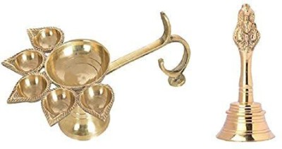 AANU Decrative Panch Deepak Aarti Diya with Brass Pooja Bell/Ghanti Set of 2 Pcs, Five Face Jyoti Stand Diya with Handle for Diwali Home Decor Brass (Pack of 2) Table Diya Set(Height: 6 inch)