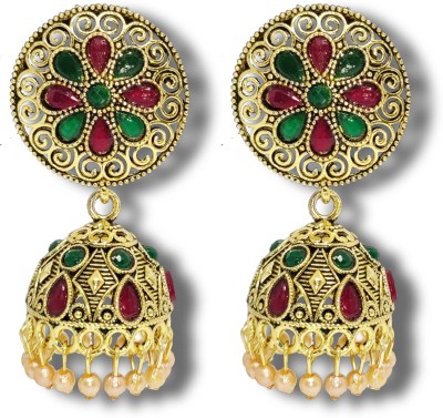 RAJ JEWELLERY Traditional South indian Jewellery Stylish Fancy party wear Wedding Bridal Daily use Multicolor oxidised Matte Finish golden Peacock earrings jhumki / jhumkas meenakari Flower shape Jhumka oxidised earing / Antique jhumkas multi earrings for women girls green marron Beads, Pearl Alloy,