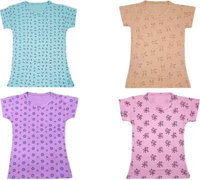 Indistar Girls Floral Print, Printed Pure Cotton Regular T Shirt(Multicolor, Pack of 4)
