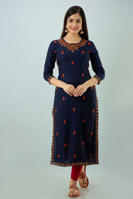 Mehsoos Women Printed Straight Kurta(Dark Blue)