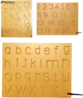 DgCrayons Wooden Combo Capital & Small ABC and Number Tracing Slate Boards with Dummy Pencil (Set of 3 pcs) | Writing Patterns Practice Board Learning Game for Kids Boys and Girls Age 2+(Brown)