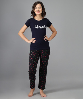 ANIXA Women Printed Black, Dark Blue, White, Pink Top & Pyjama Set