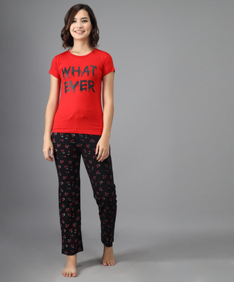 Fit N Fame Women Printed Red, Black Top & Pyjama Set