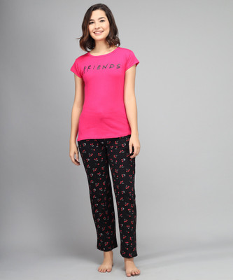 Trendy World Women Printed Pink, Black Top & Pyjama Set