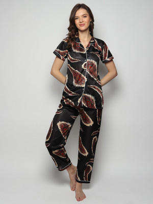 Golden Diva Women Printed Black Shirt & Pyjama set