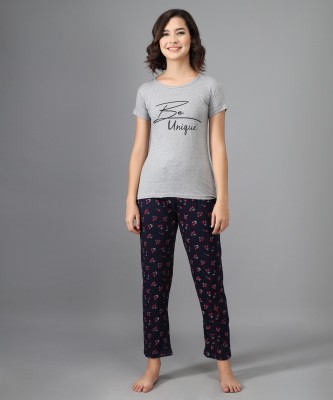 ANIXA Women Printed Grey, Dark Blue, Pink Top & Pyjama Set