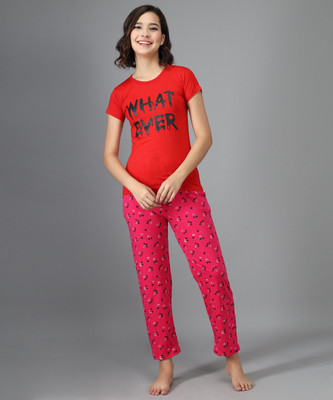 Trendy World Women Printed Red, Pink Top & Pyjama Set