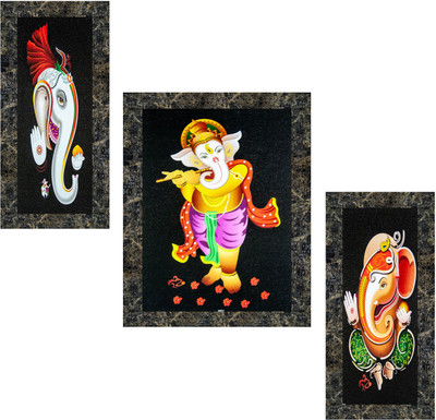 Indianara Set of 3 Lord Ganesha Framed Art Painting (3594MGY) without glass (6 X 13, 10.2 X 13, 6 X 13 INCH) Digital Reprint 13 inch x 10.2 inch Painting(With Frame, Pack of 3)