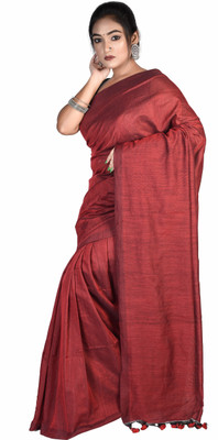 Tapan Textiles Solid/Plain Handloom Pure Cotton Saree(Brown)