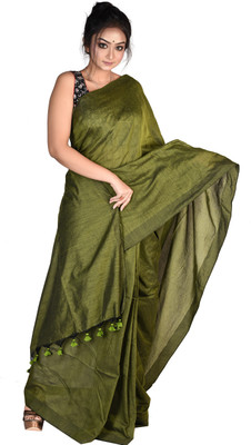Tapan Textiles Solid/Plain Handloom Pure Cotton Saree(Green)