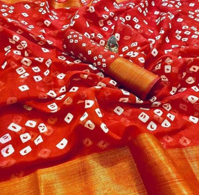 VCREATION Self Design Bandhani Cotton Blend Saree(Orange)