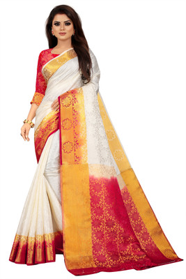 Morpich Fashion Striped Assam Silk Silk Blend Saree(White)