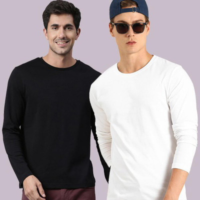 Aman Textile Solid Men Round Neck White, Black T-Shirt