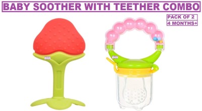 TINNY TOTS Premium Quality Baby Fruit Shape Silicone Teether Teething Toys for Baby Textured Molar Teeth Soother Gum Tooth Massager Fruit Pacifier With Baby Fruit Vegetable Rattle Musical Soother Pacifier Infants Dental Care Baby Teethers(GREEN,PINK;3 Months+) Teether(GREEN,PINK)