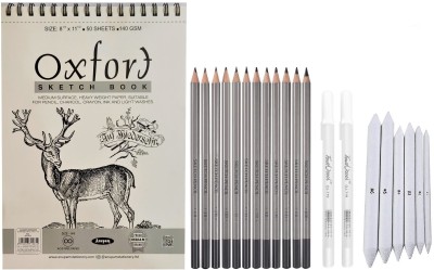 TouchCool Graphite Degree Artist Grade Pencils 10B, 8B, 6B, 5B, 4B, 3B, 2B, B, HB, 2H, 4H and 6H (Pack of 12) Ideal for Sketching, Drawing, Shading for Students, Beginners, Hobbyists, Professionals; 6 X White Paper Art Blending Stumps; 2 X White Pen and A4 Size Spiral Sketch Pad 140 GSM (50 Sheets)