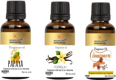 indianlife The best smell Fragrance Oil Combo Pack For Bathbomb||Handmade Soap|Spa relaxing|Room Fragrance|Meditation|Diffusion|Papaya |Cinnamon|Vanilla (3x10)10 Ml Each(30 ml)