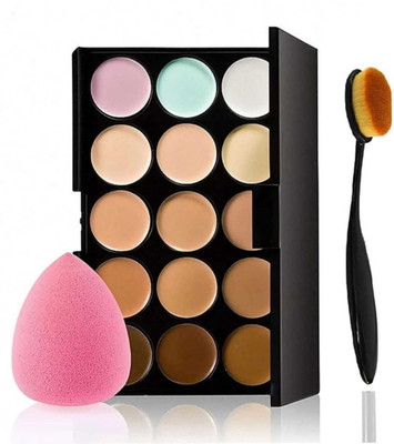 Plethora 15 Colors Contour Concealer Palette with Makeup Blender Puff & Oval Makeup Foundation Brush(3 Items in the set)