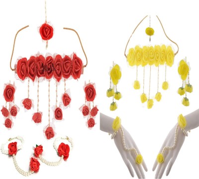 Rukmani Fabric, Rubber, Plastic, Paper Red, Yellow Jewellery Set(Pack of 2)