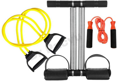 Dr Pacvu Athletes Choice, Pack Of 3 Fitness COMBO, 1+ Single Chrome Band Tummy Trimmer With 1+ Double Resistance Band Toning Tube and 1+ Jumping Skipping Rope, Workout at Home, TRUSTED by DR, Gym Fitness and Body Fat loose and cutter Fitness Accessory Kit Kit