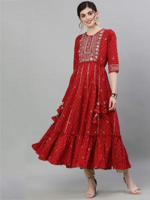 Ishin Women Embellished Anarkali Kurta(Red)