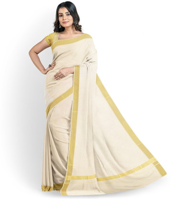 Chithra Fabrics Solid/Plain Kasavu Pure Cotton Saree(Cream)