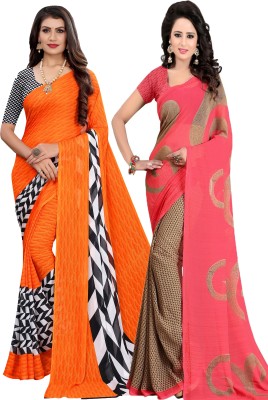 YASHIKA Printed Daily Wear Georgette Saree(Pack of 2, Pink, Orange)