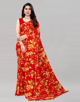 SIRIL Printed, Floral Print Bollywood Georgette Saree(Red)