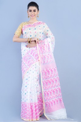 SUSHRITA BOUTIQUE Printed Jamdani Cotton Silk Saree(White)