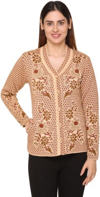 PIPASA WOMEN Woven, Floral Print V Neck Casual Women Beige, Brown Sweater