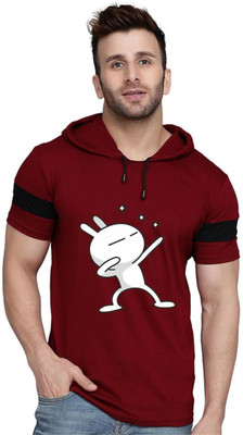 SLOWLORIS Printed Men Hooded Neck Maroon T-Shirt