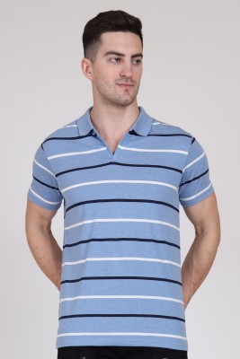 Rundown Striped Men Polo Neck Light Blue T-Shirt
