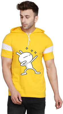SLOWLORIS Printed Men Hooded Neck Yellow T-Shirt