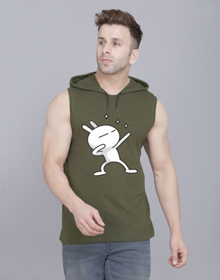 SLOWLORIS Printed Men Hooded Neck Dark Green T-Shirt