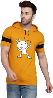 SLOWLORIS Printed Men Hooded Neck Yellow T-Shirt