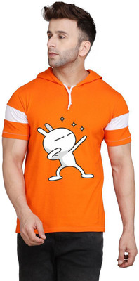 SLOWLORIS Printed Men Hooded Neck Orange T-Shirt