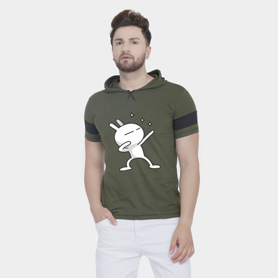 SLOWLORIS Printed Men Hooded Neck Dark Green T-Shirt