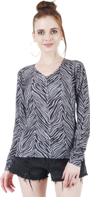 POPWINGS Casual 3/4 Sleeve Printed Women Black, Grey Top