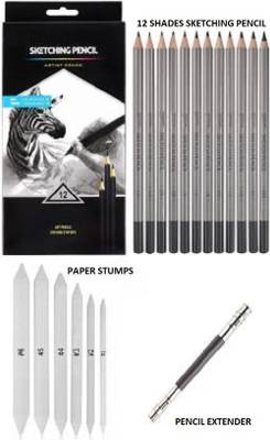 ARTTWALA Art Graphite Professional Drawing Sketching Pencil Set- Artist Grade Degree Pencils 10B, 8B, 6B, 5B, 4B, 3B, 2B, B, HB, 2H, 4H and 6H (Pack of 12), Art Blending Paper Stumps (Pack of 6) and One 13cm Pencil Extender