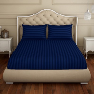 SLEEPING OWLS 300 TC Cotton King Striped Flat Bedsheet(Pack of 1, Royal Blue)