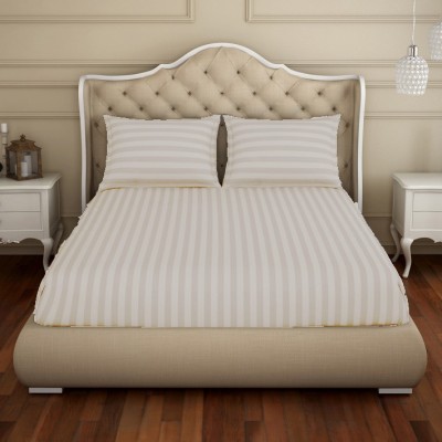 SLEEPING OWLS 300 TC Cotton King Striped Flat Bedsheet(Pack of 1, Ivory)