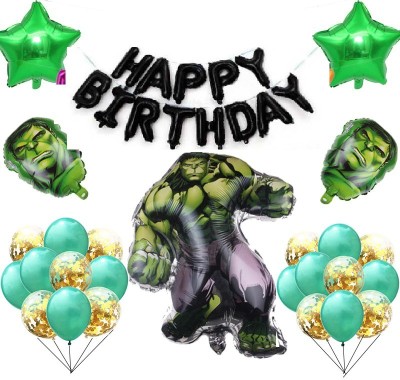 decokart Hulk theme birthday combo-13 pc happy birthday foil balloon,5 pc hulk theme set,5 confeeti balloon,37 balloon-pack of 60(Set of 60)