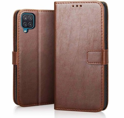 VOSKI Wallet Case Cover for Samsung Galaxy M12 Flip Cover Premium Leather with Card Pockets Kickstand 360 Degree Protection(Brown, Dual Protection, Pack of: 1)