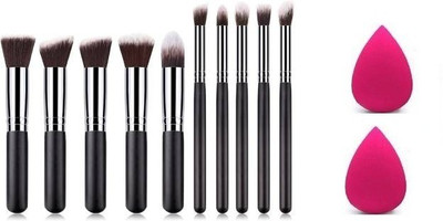VISYA BEAUTY 10 Pcs Foundation Makeup Brush Kit with Dense Bristles &2 PUFF PINK(2 Items in the set)