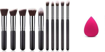 VISYA BEAUTY 10 Pcs Foundation Makeup Brush Kit with Dense Bristles &1 PUFF PINK(2 Items in the set)