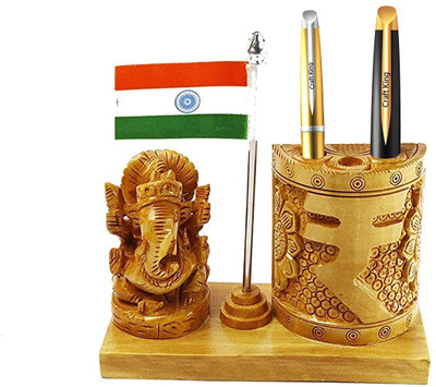 Ishu handi artistic 3 Compartments Wooden Pen Stand(Brown)