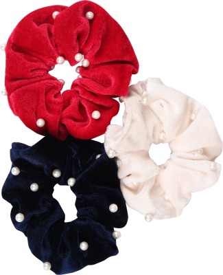 Matkooz VELVET PEARL HAIR SCRUNCHIES Rubber Band(Blue, White, Red)