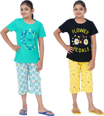 Cave Tree Kids Nightwear Girls Printed Cotton(Black Pack of 2)