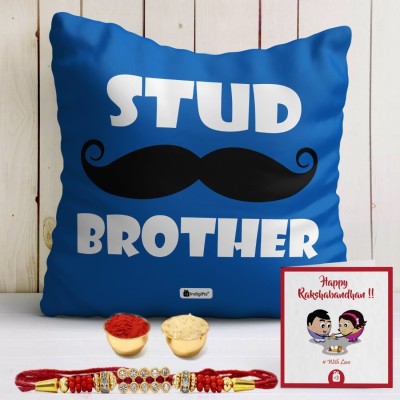 Indigifts Rakhi for Rakshabandhan Designer Raksha Bandhan Gift for Brother_IDSCOMAF845 Mauli Thread Cushion, Rakhi, Greeting Card  Set(1 Cushion Cover 12x12 inches, 1 Rakhi, 1 Greeting Card)