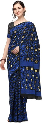 Aishwarya Sarees Floral Print Jamdani Cotton Silk Saree(Blue, Black)